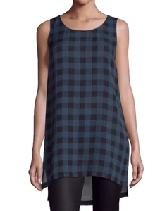 A4 Auth EILEEN FISHER Black Blue Buffalo Check Printed Silk Tunic Top Sz M $238 - Picture 1 of 6