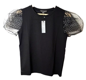 Camicia elegante Gracia nera manica corta top rete manica a rete taglia small nuova con etichetta - Foto 1 di 5