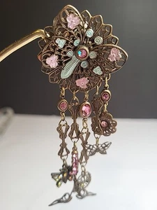 Vintage Banana Bob Butterfly Earrings Ornate Filligree Rhinestone Clip On 80s 4" - Picture 1 of 3
