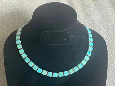 Vintage Sterling Turquoise Tile Inlay Necklace 16" Choker 40.87 grams .925 - Image 1 of 4