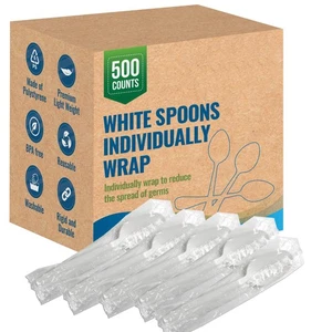 Plastic White Spoons Disposable Individually Wrapped - Medium Weight 500pcs. ... - Picture 1 of 5