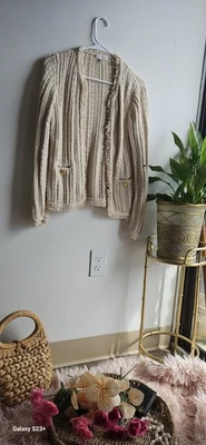 J. Crew Women's Textured Knit Fringe Ivory  Cardigan Sweater Side Xs - Image 1 of 4