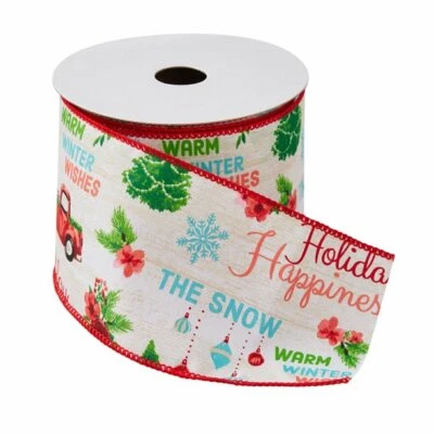 The Pioneer Woman Fabric Ribbon, Red Truck Holiday Sentiments, NEW - Image 1 of 3