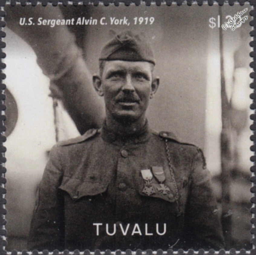 Estampilla de soldado del ejército de Estados Unidos sargento ALVIN C. YORK (Medalla de honor) Primera Guerra Mundial (2014 Tuvalu) Foto 1 de 1