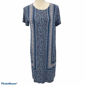 J Jill Sz Small Blue Paisley Floral Mixed Print Soft Midi Dress Short Sleeves - Picture 1 of 7
