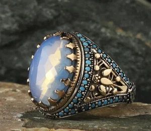 925 Sterling Silver Men's Ring Turkish Handmade Natural Stone Moonstone - Picture 1 of 4