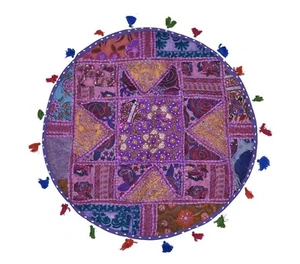 Indian Recycled Fabric Patchwork Round Cushion Cover 30" Purple with Tassels - Picture 1 of 4