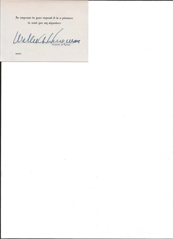 Walter Huxman autographed card Governor from Kansas Cover