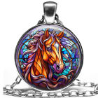 Horse Necklace Equestrian Lover Gift Faux Stained Glass 24" Quality Chain