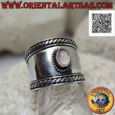 Anello in Argento 925‰ fascia larga con quarzo rosa ovale e intrecci a contorno  - Immagine 1 di 4