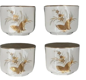 Butterfly floral white tan gold saki tea set copper highlights Otagiri Japan - Picture 1 of 5