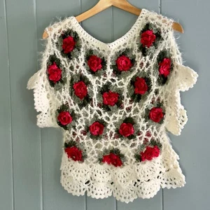 Suéter Top Estilo Vintage Crochet Rosa S Difuso Floral Cottagecore Hecho a Mano Look - Imagen 1 de 7