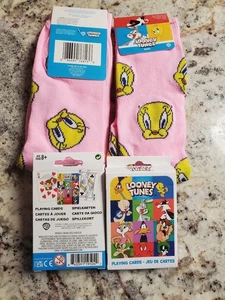 1 Looney Toons Spielkarten & ein KOSTENLOSES PAAR rosa Tweety Vogel Socken brandneu - Bild 1 von 3