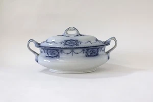 Plato de puré grande vintage azul y blanco con patrón floral cubierto vegetal - Imagen 1 de 10