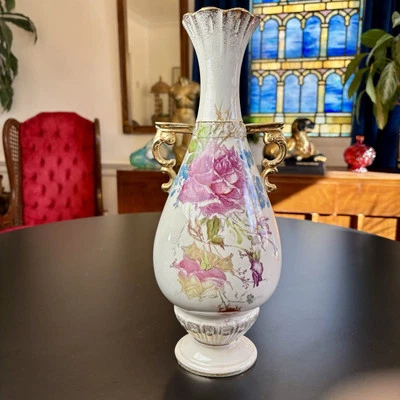 Jarrón Floral Antiguo Mehlem GRANDE 14" Royal Bonn Pintado a Mano ROSAS Doble Mango Foto 1 de 4