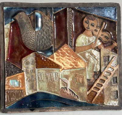 J. Ruth Faktor Tile Town Musical Violin Scene Modernist Signed Plaque - Image 1 of 4