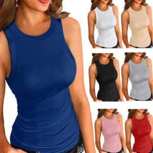 Women Sleeveless O-Neck Racerback for Tank Top Ribbed Knitted Solid Color Slim V - Picture 1 of 20