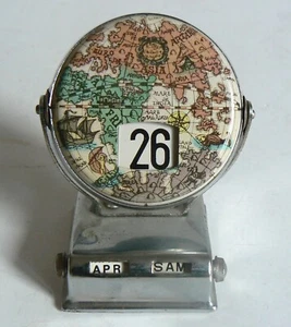 EWIGER KALENDER GLOBUS WELTKARTEN KLAPPZAHLEN CHROM DAUERKALENDER ART DECO - Bild 1 von 8