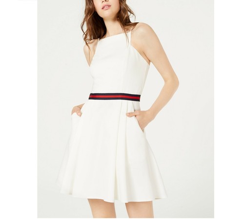 OFF WHITE Teeze Me Junior Women 3 4 Off White Pockets Grosgrain Ribbon Fit Flare Dress NWT