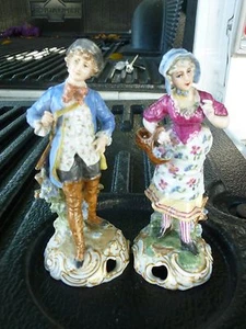 2 ANTIQUE GERMAN DRESDEN 5 INCH PORCELAIN FIGURINES OF MAN AND WOMAN - Picture 1 of 9