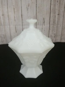 Vintage Milk Glass Candy Dish w Lid Anchor Hocking Leaves n Grapes Octagon 8" - Picture 1 of 12