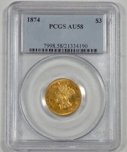 1874 $3 Indian Princess Head GOLD Piece CERTIFIED PCGS AU 58 - Picture 1 of 4