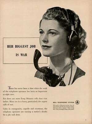 Operador de sistema telefónico Phone Bell 1944 años 40 anuncio impreso vintage mayor guerra de trabajo Foto 1 de 4