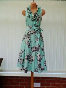 JESSICA HOWARD MINT GREEN MONO FLORAL SATEEN 50'S FLARE MIDI FRILL DRESS 10 ONCE - Picture 1 of 17