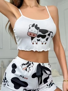 NEW X-LARGE 2pc Women's Cow Pajamas PJ'S Sleepwear Bed Time Cami Top and Shorts - Picture 1 of 4