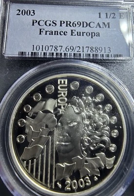 Moneda de plata 2003 PCGS MS69 CAM FRANCIA EUROPA - ¡Georgiosa! 1 1/2 E Foto 1 de 4
