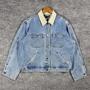 VINTAGE 90s Lauren Ralph Lauren Denim Chore Jacket Womens M Work Corduroy Collar - Picture 1 of 19
