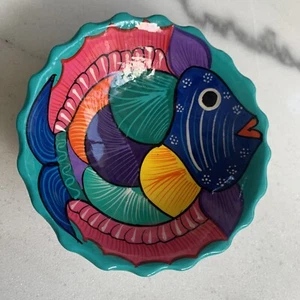 Guerrero Mexican Pottery Scalloped Fish Bowl Blue Pink Green Small 4.5” - Picture 1 of 6