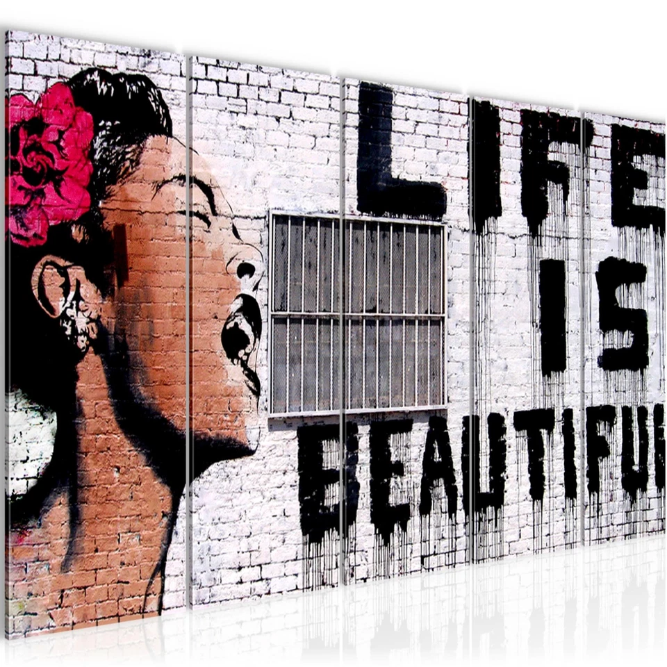 Bilder Set Banksy Life is Beautiful Bild für Schlafzimmer Wohnzimmer Flur grau - Bild 1 von 1