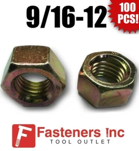 (Qty 100) 9/16-12 Grade 8 Finish Hex Nuts Yellow Zinc Plated Hardened - Picture 1 of 3