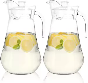 2 Pack Plastic Pitcher, 2L Clear Iced Water Jug with Lid and Handle, Heat Resist - Picture 1 of 9