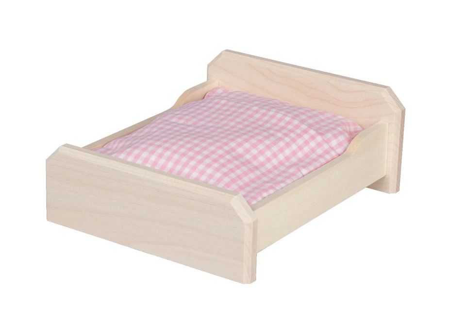 Doppelbett, Bett für Puppenhaus Schlafzimmer mit Kissen rosa 1:12, Rülke 22170