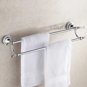 Chrome Bathroom Double Towel Bar Rail Rack Holder Wall Mounted Hanger Shelf - Picture 1 of 2
