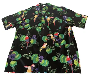 Skorpion Hawaiihemd tropisch Blumen & Vogel Papagei Print Gr. L Vintage Made US - Bild 1 von 12