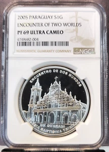 2005 PARAGUAY SILVER 1 GUARANI IGLESIA SANTISIMA TRINIDAD NGC PF 69 ULTRA CAMEO - Picture 1 of 3