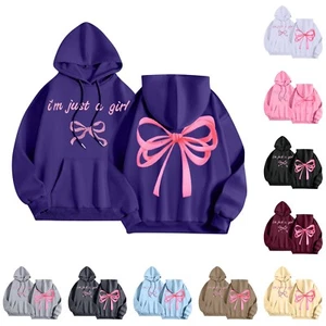 Women's Fashion Long Sleeve Letter Bow Printed Hooded Drawstring Sweatshirt - Picture 1 of 42