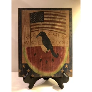 American Flag, Watermelon, Crow, Patriotic, Prim Handcrafted  Canvas Board Sign - Picture 1 of 3