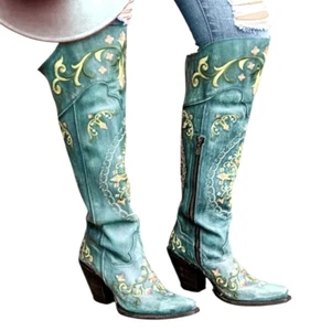 Dan Post Flower Child Turquoise Floral Embroiderec Over The Knee Boots Size 8.5 - Picture 1 of 16