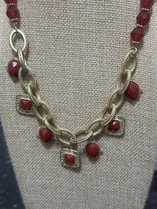 GEORGE - 22” Brushed Gold Tone Chain - Deep Red Beaded Charm Necklace Adjustable - Picture 1 of 10