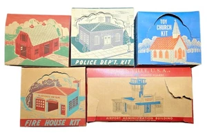1950s Plasticville Model Train Kits Lot Airport Barn Church Police Fire HO Scale - Picture 1 of 6
