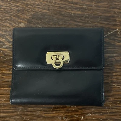 Salvatore Ferragamo Gancini Black Leather Trifold Wallet gold hardware Used - Image 1 of 4