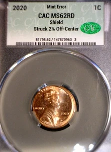 2020 ERROR CAC MS62 RED Off Center Lincoln Shield Cent Coin NICE BU + O/C NR - Picture 1 of 4