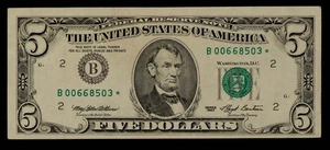 FR 1982-B* $5 1993 Federal Reserve Note US - Star Note - VF - SKU-CA1861 - Picture 1 of 2