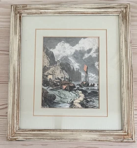 Vintage Victorian Coastal Seascape Etching - Glazed Painted Wooden Frame - Picture 1 of 6