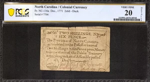 1771 2S6D COLONIAL CURRENCY PENCE NOTE FR.NC-136a NORTH CAROLINA PCGS 20 VF (548 - Picture 1 of 2