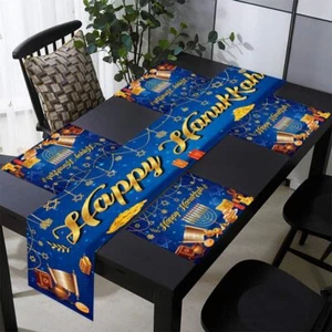 1pcs Blue Happy Hanukkah Table Runner with 4pcs Table Mats Chanukah Menorah - Picture 1 of 1